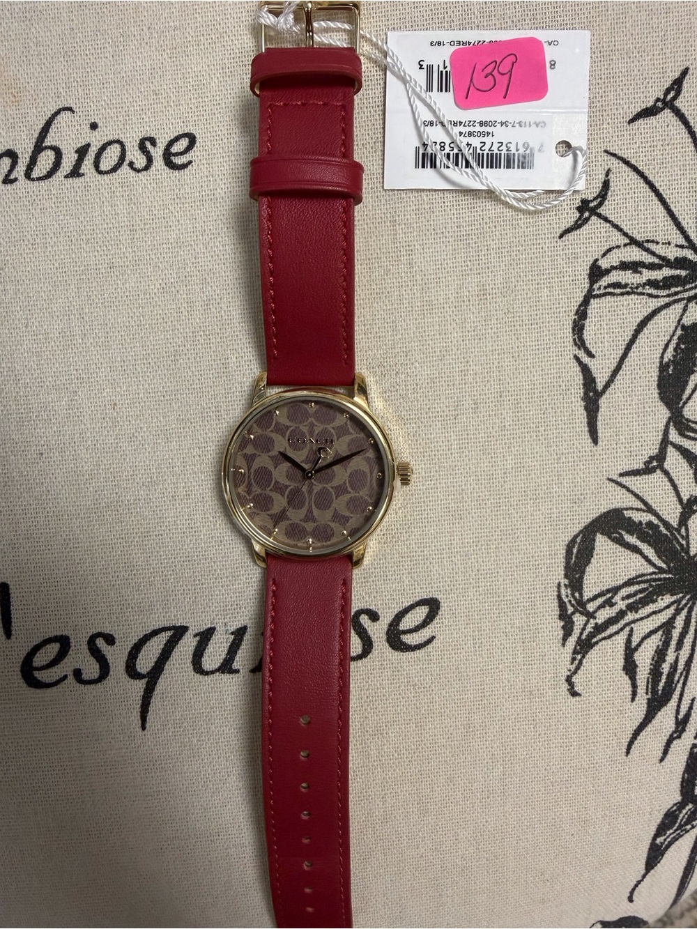 Coach Women's Red Leather Strap Gold-Tone Signature Dial Watch
